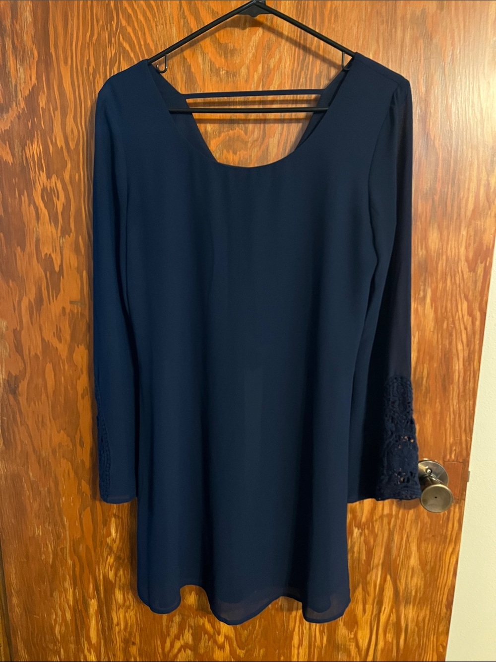 Speechless Navy Long-Sleeve Shift Dress with Lace Sleeve Detail